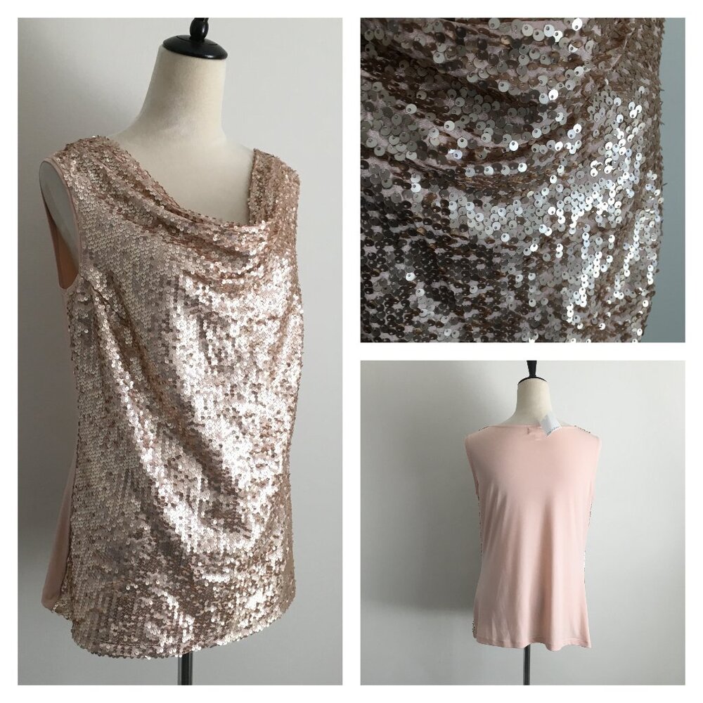 NWT CALVIN KLEIN Peach/Nude Sequin Cowl Neck Sleeveless Top